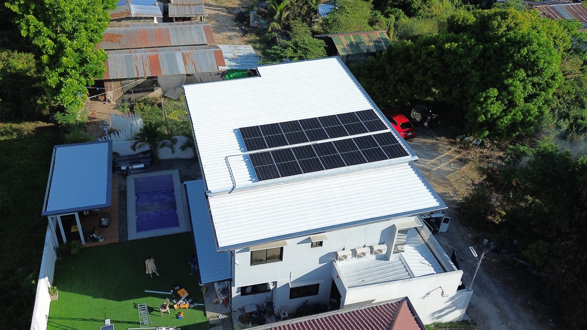 Drone view of a Hybrid Solar Energy rooftop solar installation